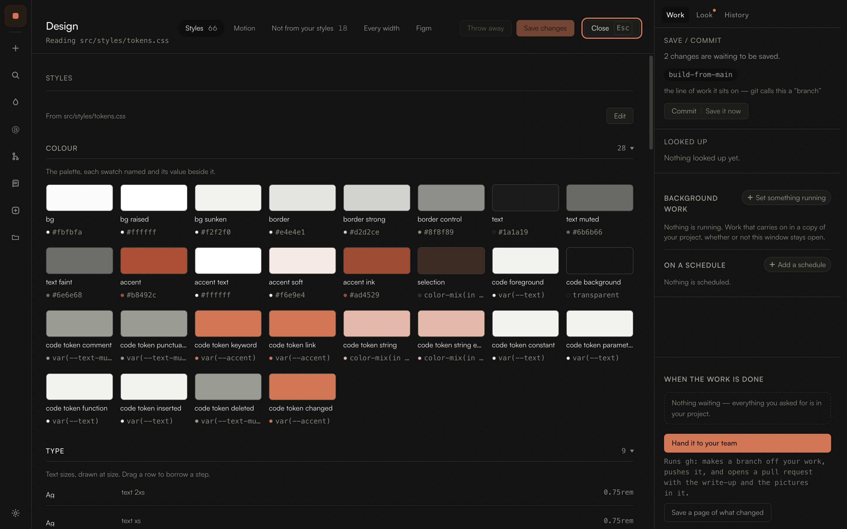 The design view, reading the project's own tokens.css: sixty-six styles, every colour named with its value beside it.