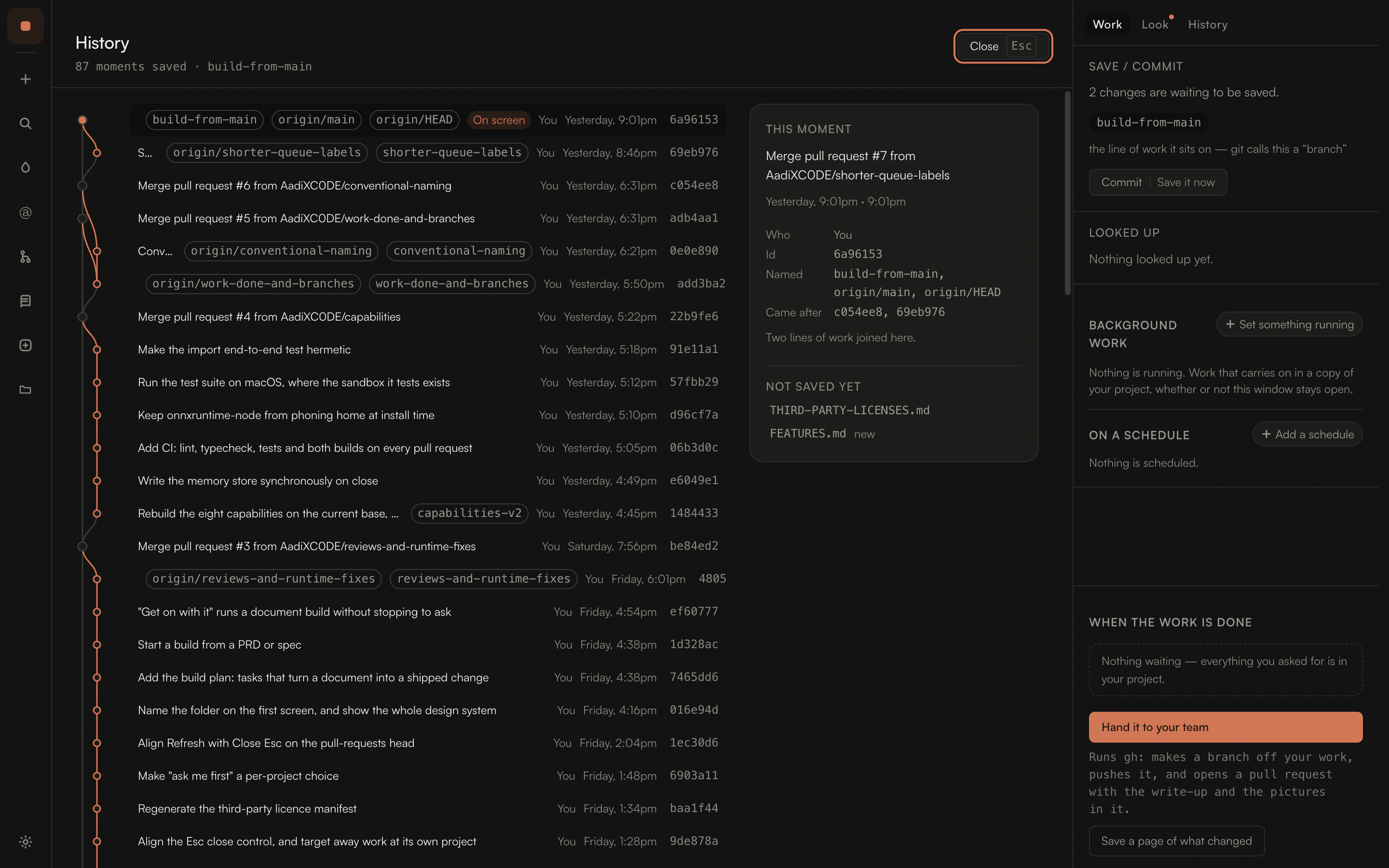 The history view: every saved moment drawn as lines, with short ids, parents and the names on each.