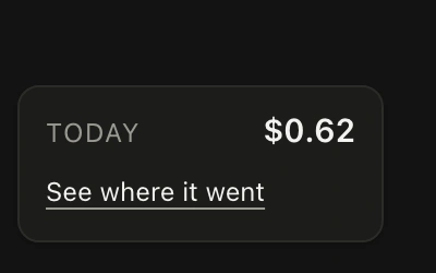 The meter in the corner of the window: today's total, and a way to see where it went.