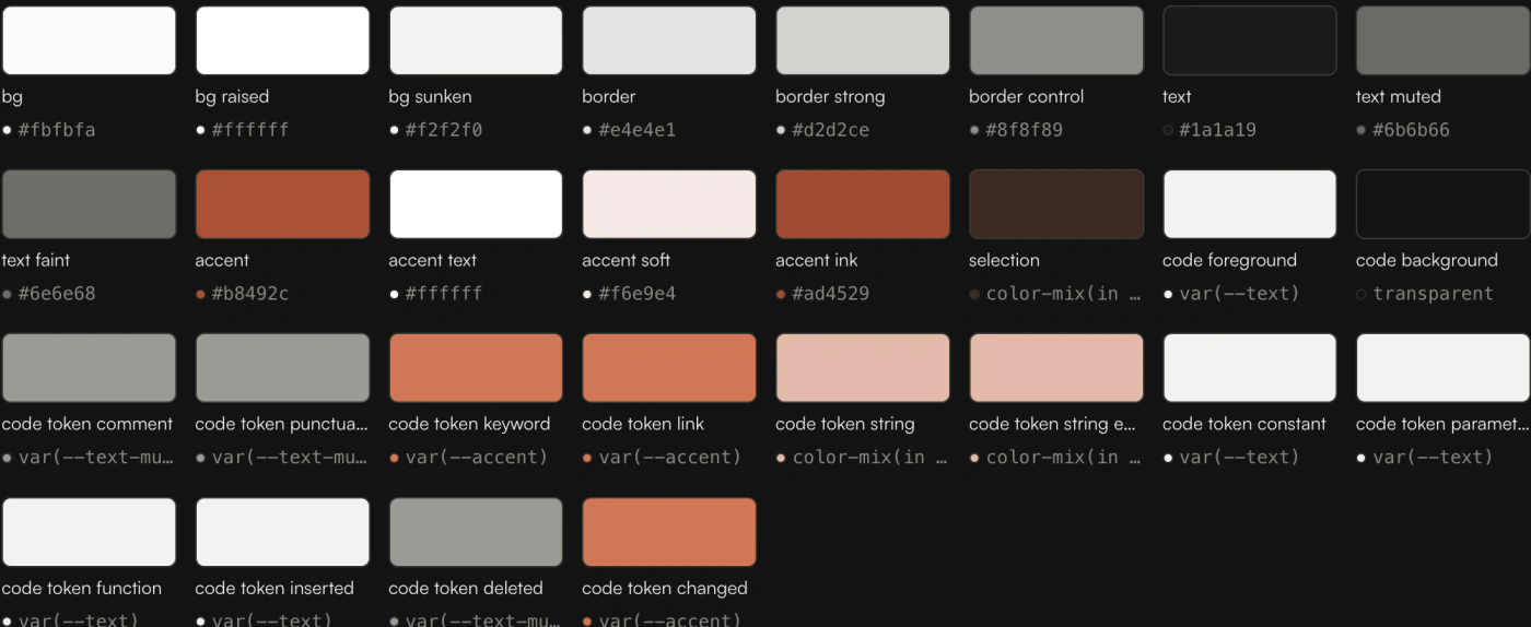 A project's own colour tokens, each swatch named with its value beside it, read straight out of the project's stylesheet.